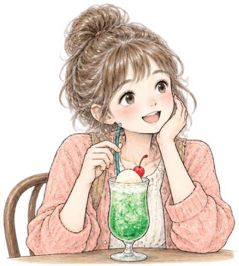 クリームソーダを楽しむりかちゃん